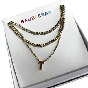 NEW BaubleBar Kenna Gold Tone Layered Necklace Initial T Charm Delicate Necklace